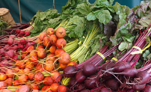 golden beets, chioggia beets, and red beets bunched with greens